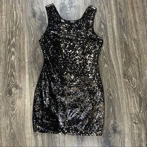 Sparkly gold and black sequin mini dress